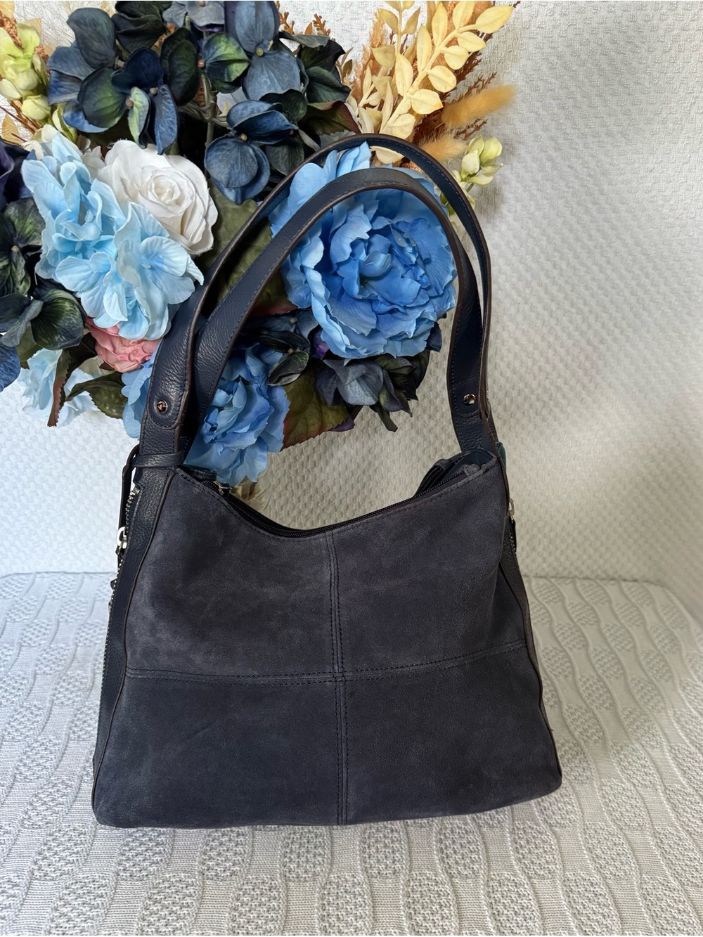 Tignanello EUC navy suede dual compartment shoulder bag